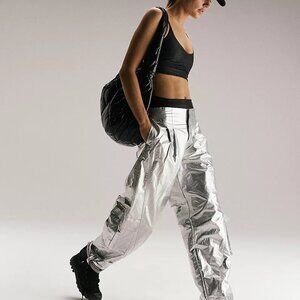 New FP Movement Silver Mesmerize Me Shine Cargp Pants Sz M - MSRP $128
